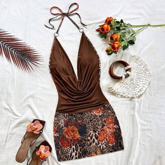 Soleia Women&#39;s Romantic Vacation Leopard & Floral Print Patchwork Plunging Draped Neck Halter Lace-Up Mini Dress, Perfect For Holiday Dates, Afternoon Tea, B