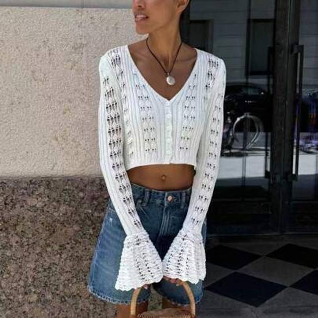 SHEIN Women Crop Tops Knit Cutout V-Neck Button Up Flared Sleeve Cardigan For Club Streetwear Aesthetic Grunge Clothes
