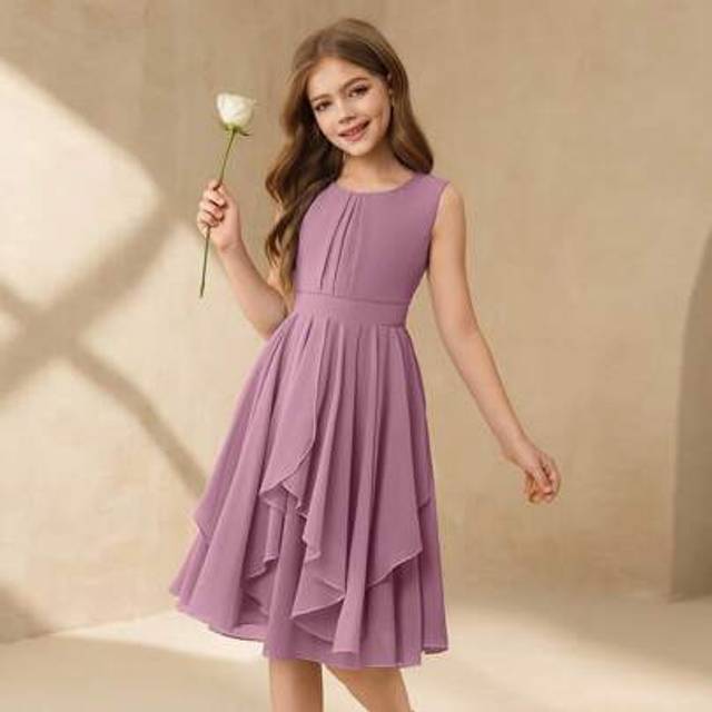 SHEIN Wedding Season Flower Girl Chiffon Asymmetrical Hem Short Dress, Suitable For Banquet, Performance, Birthday Party, Girls
