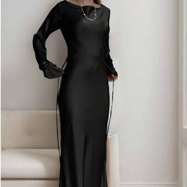 SHEIN Women&#39;s Bespoke Satin Maxi Dress With Corset Waist Tie Classic Round Neck & Dramatic Flared Sleeves Luxury Evening Dress