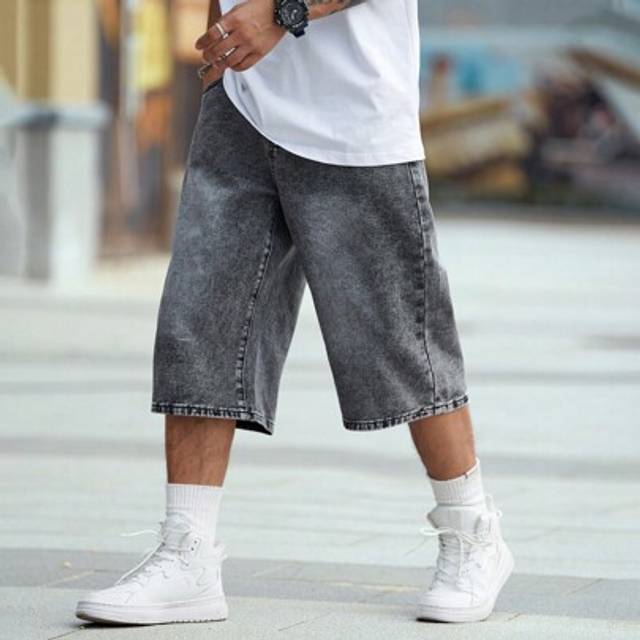 SHEIN Men&#39;s Casual Everyday Denim Wide-Leg Shorts Going Out Plain Oversize Denim Jorts Dark Grey Denim Shorts, For Husband, Boyfriend Gifts