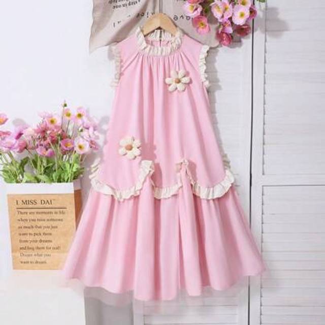 SHEIN Plus Size Girls Yellow Dress, Color Contrast Mesh Panel, Shallow Yellow Ruffle Edge, Apricot Decorative 3D Flower, Simple Casual Summer
