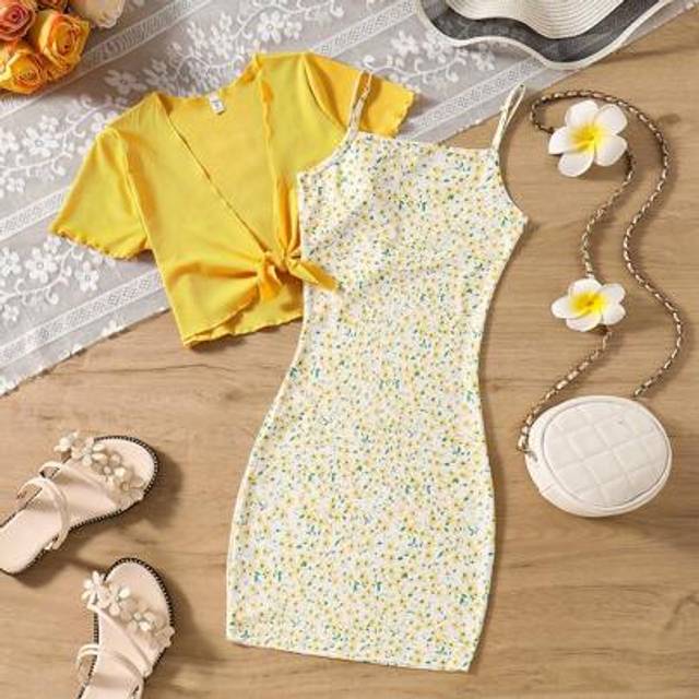 SHEIN Tween Girls Vacation Casual Small Ditsy Floral Camisole Dress And Solid Color Blouse 2pc Set
