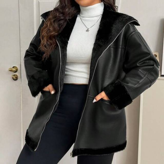 SHEIN Plus Size Plain Front Zipper Long Sleeve Pocket Casual Jacket