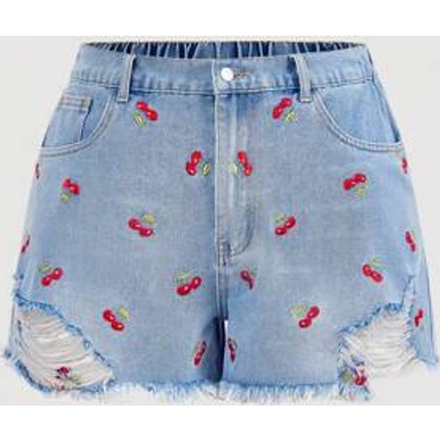 SHEIN Plus Size Casual Washed Embroidered Distressed Denim Shorts