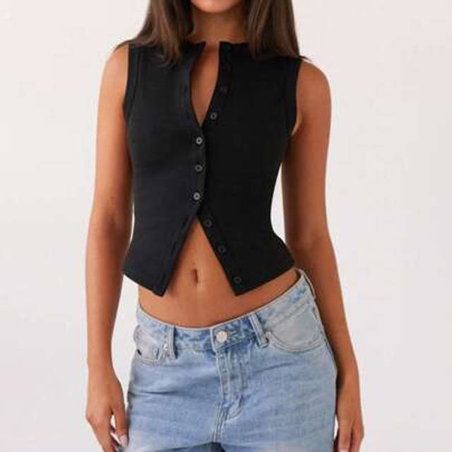 SHEIN Womens Y2k Ribbed Button Down Sleeveless Shirts Summer Going Out Cropped Tank Top