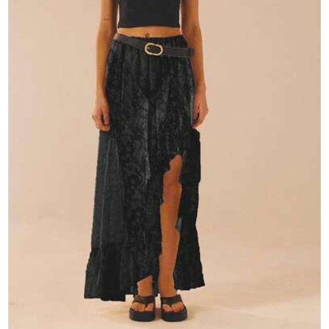 SHEIN Women&#39;s Y2K Lace Long Skirts Vintage High Waist Solid Color Asymmetrical Hem Ruffle Solid Color Midi Skirts Flowy Beach Skirts