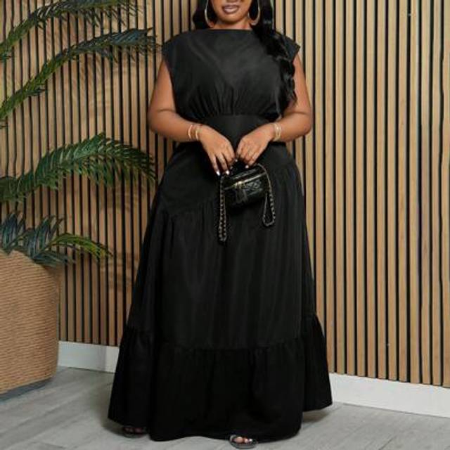 Slaydiva Plus Size Women&#39;s Elegant, Party & Vacation Black Sleeveless Solid Color Asymmetrical Patchwork Casual Long Dress, Spring And Fall