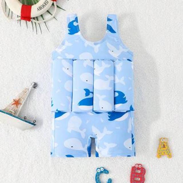 SHEIN Baby Boys&#39; Swimwear, Cute Dolphin Print, Sleeveless Vest & Shorts Buoyancy Swimsuit, Allow Your Little One To Enjoy Swimming In Summer