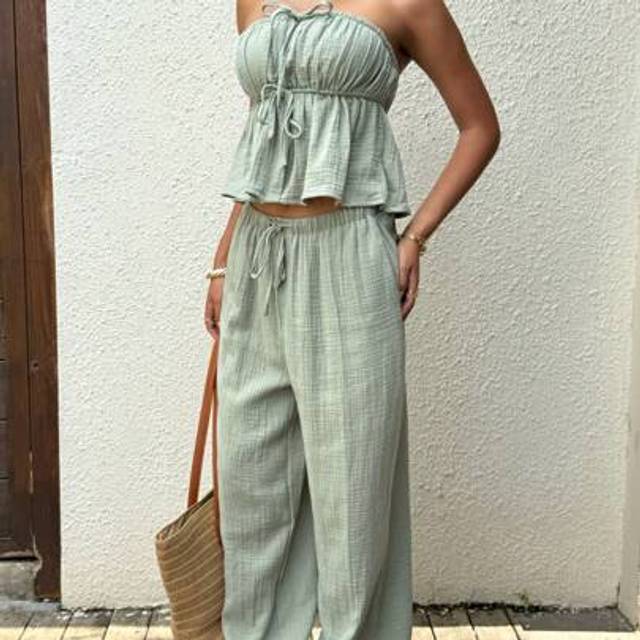 SHEIN New Women&#39;s Daily Two-Piece Set Green Cotton And Linen Tube Top Straps Suitable For Summer Vacation