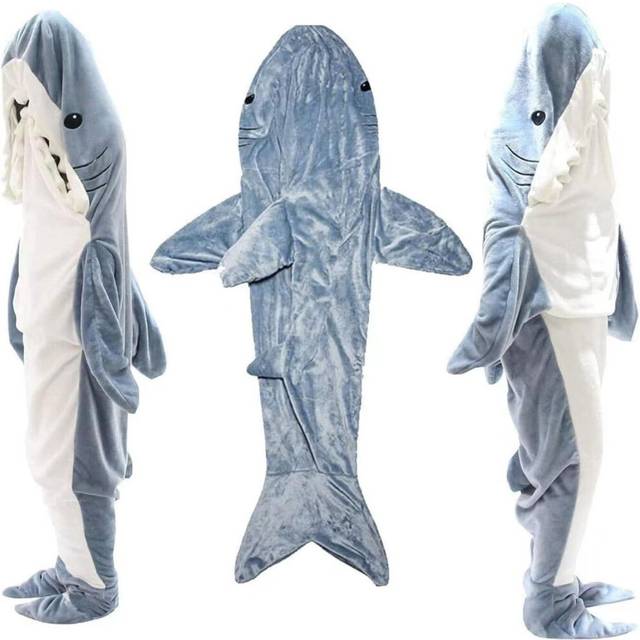 (Gray blue, XL) Shark Pajama Sets Super Soft Velvet Hoodie Sleeping Loose One-piece Pajamas Blue Siamese Sleepwear Women Pijama Mujer