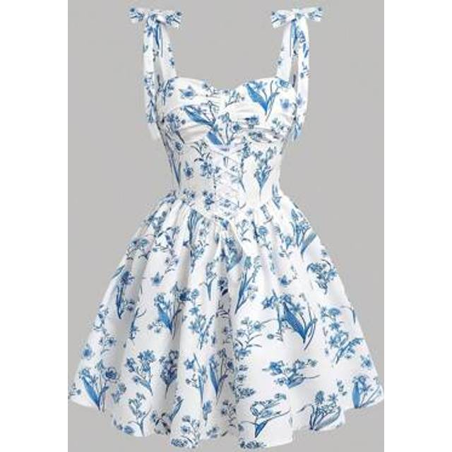 SHEIN Teen Girl&#39;s Blue & White Striped Floral Print Ruffle Criss-Cross Tie Bow  Summer Holiday Dress