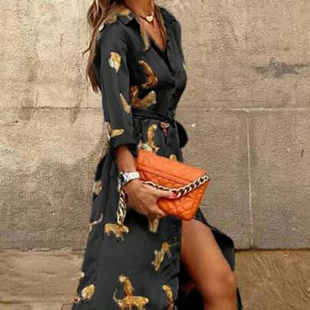 SHEIN Autumn/Winter Fashionable Leopard Print Shirt Collar Long Sleeve Dress For Women, Button Decor, Elegant, Casual, Includes Belt, Suitable For Commute,