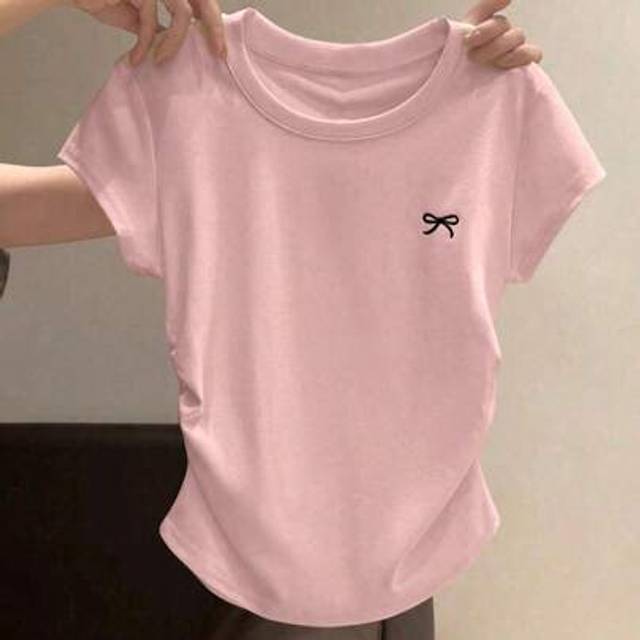 SHEIN Girls&#39; Bow Embroidery T-Shirt, Ruffle Waist Fitted Casual Round Neck Tops, Versatile For Older Girls