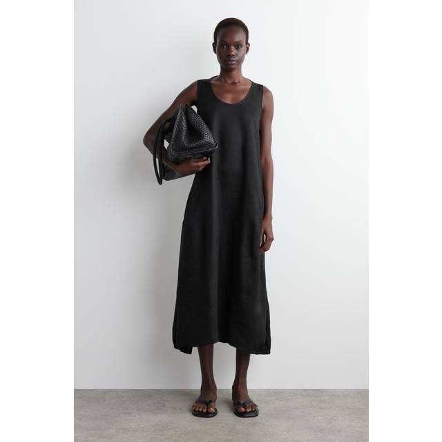Elasticated-Hem Linen Maxi Dress - Black - 38