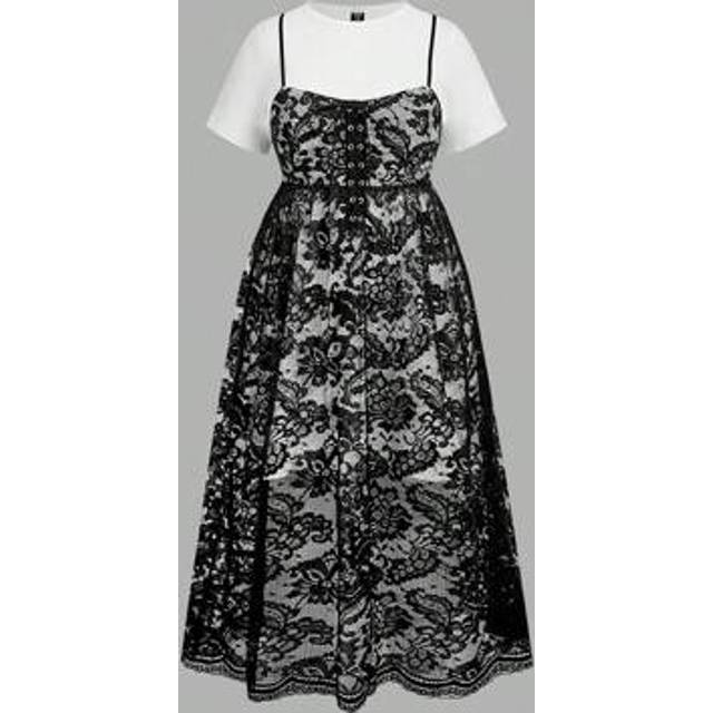 SHEIN Plus Size 2 In 1 Black & White Contrast, Lace Cami Long Dress For Women.Women Summer Clothing Women Casual Dress.Women Dresses Elegant Gown,Birthday D