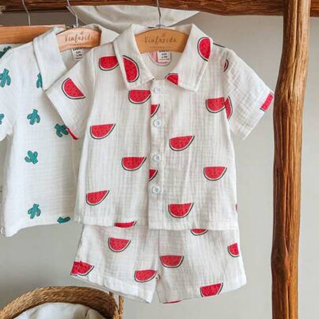SHEIN 2pcs/Set Baby Boys Infant Casual Watermelon Print Short Sleeve Shirt And Shorts Set, Summer Outfit