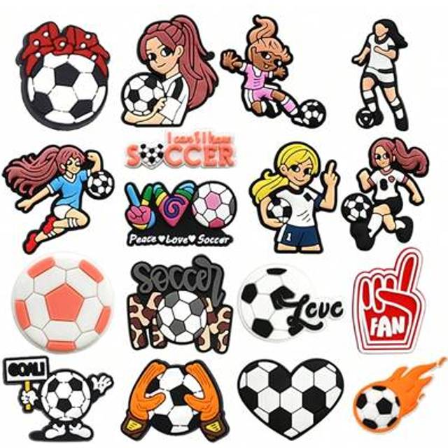 SHEIN 17PCS/SET Women&#39;s Football Series PVC Shoe Charms, Football Sneakers Patterns Shoe Decoration, Slides Sandals Accessories