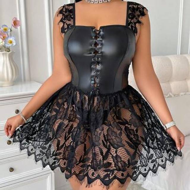 SHEIN 2pcs/Set Lace & PU Splice Music Festival Lingerie, Strap Dress + Thong, Plus Size, Sexy