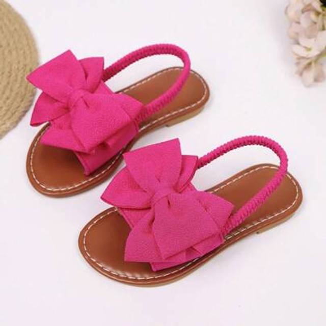 SHEIN 1 Pair Rose Red Plus Size Toddler Girls Flat Sandals, Solid Color Mesh Big Bow Decor Elastic Strap Round Toe Non-Slip Lightweight Sole Fashion Cute Ro