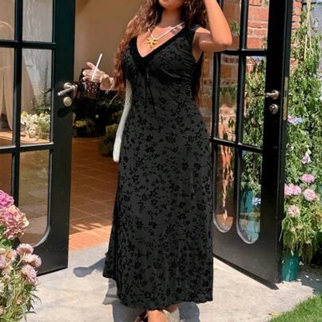 SHEIN Plus Size Women Summer Plant & Floral Lace Patchwork Casual Vacation Mesh Maxi Dress Black Sundress Floral Sundress