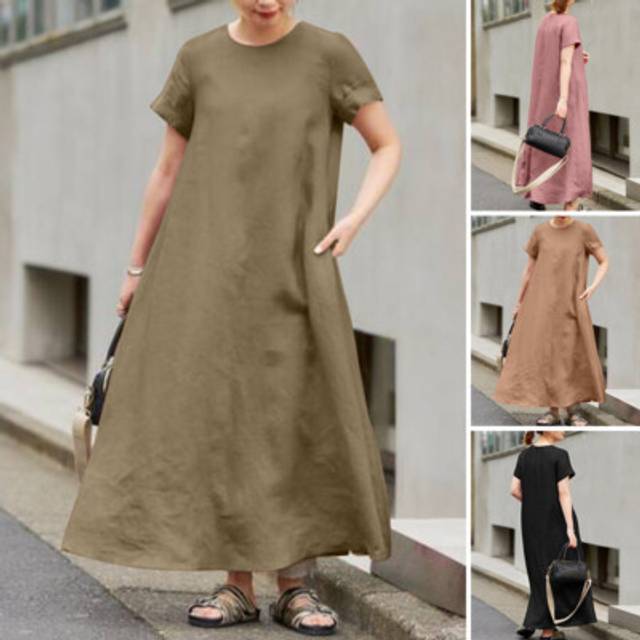 Uk women summer casual loose short sleeve cotton linen long dress beach sundress