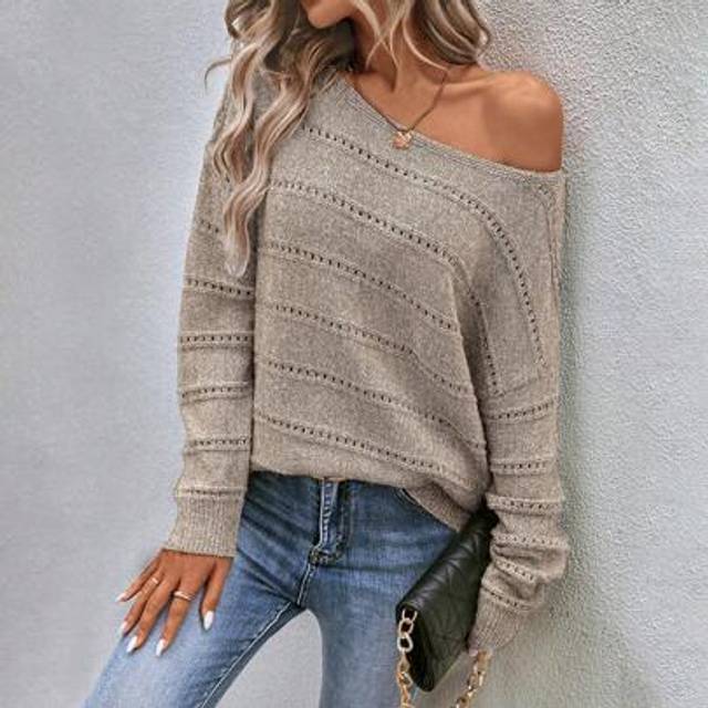 SHEIN Boat Neck Drop Shoulder Pointelle Knit Sweater,Ladies Spring/Fall Casual Long Sleeve Loose Apricot Drop Shoulder Pullovers Women Sweaters,Long Sleeve