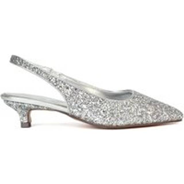 'Gerri' Pointed Toe Glitter Slingback Kitten Heel Court Shoes - Silver - 5
