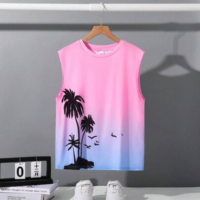 SHEIN Tween Boy Vacation Ombre Design Sleeveless Tank Top & Shorts Set