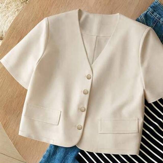 SHEIN Women&#39;s Casual Linen V-Neck Loose Short Sleeve Blazer, Suitable For Spring/Summer And Travel