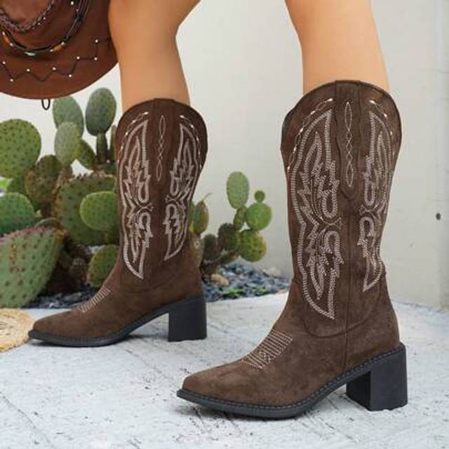 SHEIN Women Western Boots, Over-The-Knee Wide Calf Boots, Classic Suede Embroidered Versatile Tall Boots, Pull-On Pointed Toe Chunky Heel Retro Fashion Mid-