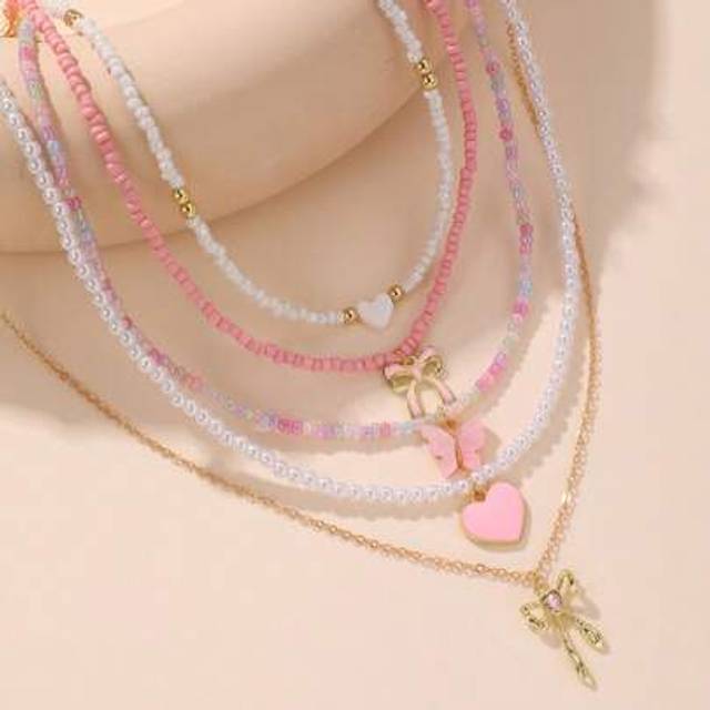 SHEIN 5pcs/Set Assorted Color Heart & Butterfly Pendant Kids Beaded Necklace Set