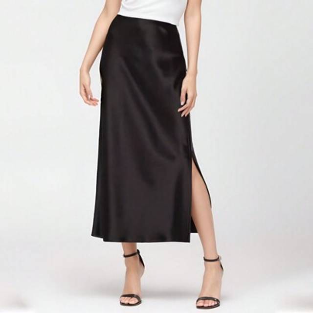SHEIN Satin Midi Skirt With Slit Hem Elegant High Waist Casual A Line Party Skirt With Zipper Spring/Summer Wedding Guest