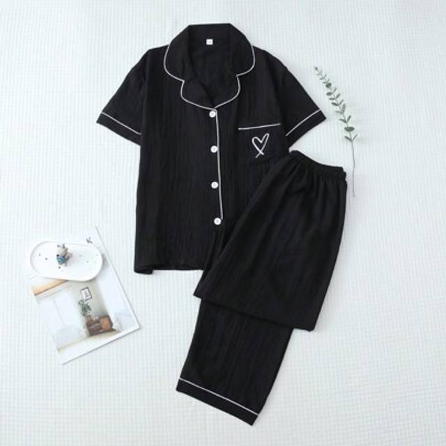 SHEIN 2 Pieces Set Women Solid Color Trimmed Contrast Collar Pocket Heart Embroidery Short Sleeve Button Blouse & Bowknot Pants Pajama Home Lounge Set, Two