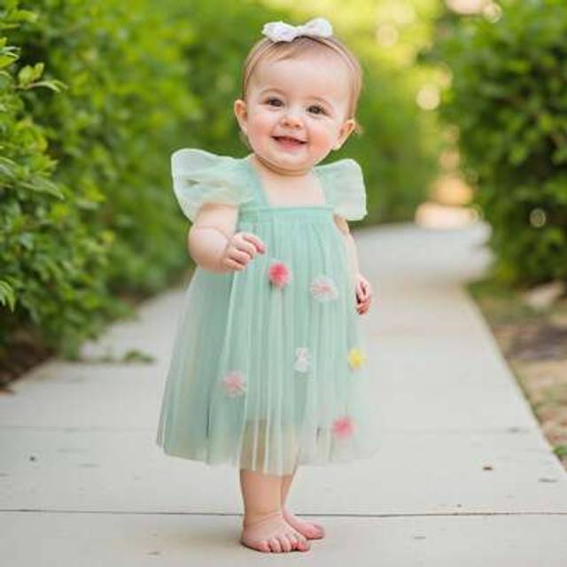 SHEIN Toddler Girl Summer Tulle Tutu Dress Loose Fit 3D Flower Design Mesh Flying Sleeve Baby Girl Princess Dress