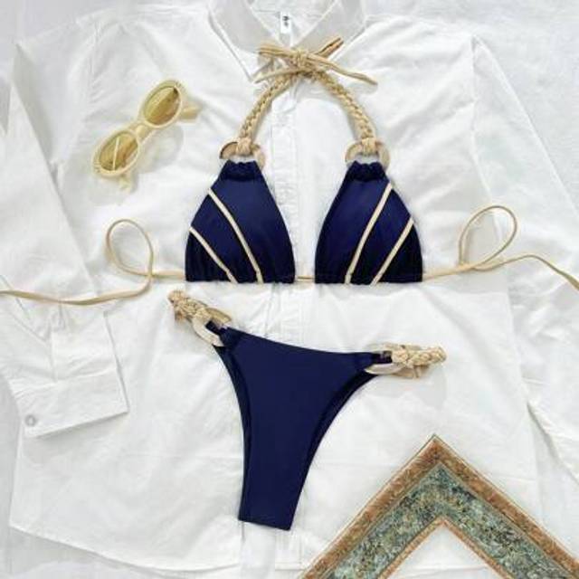 SHEIN Elegant Stripes Patchwork Backless Ring Tie Bikini Swimsuit, For Beach Vacation, Spring/Summer