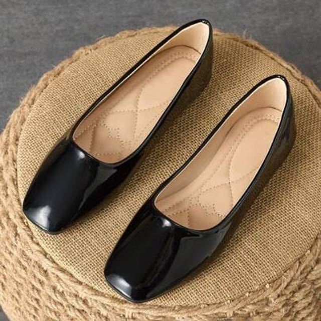SHEIN Women&#39;s Square Toe Soft Leather Ballet Flats, French Style Slip-On Loafers, Flat Comfort Dress Shoes For Spring/Summer, Black Non-Slip Interview/Work
