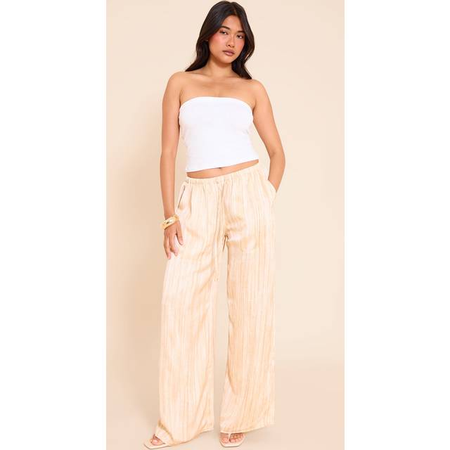 Cream Textured Woven Printed Satin Wide Leg Trousers, White - 12