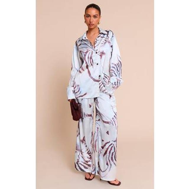 White Printed Satin Drawstring Wide Leg Trousers, White - 10