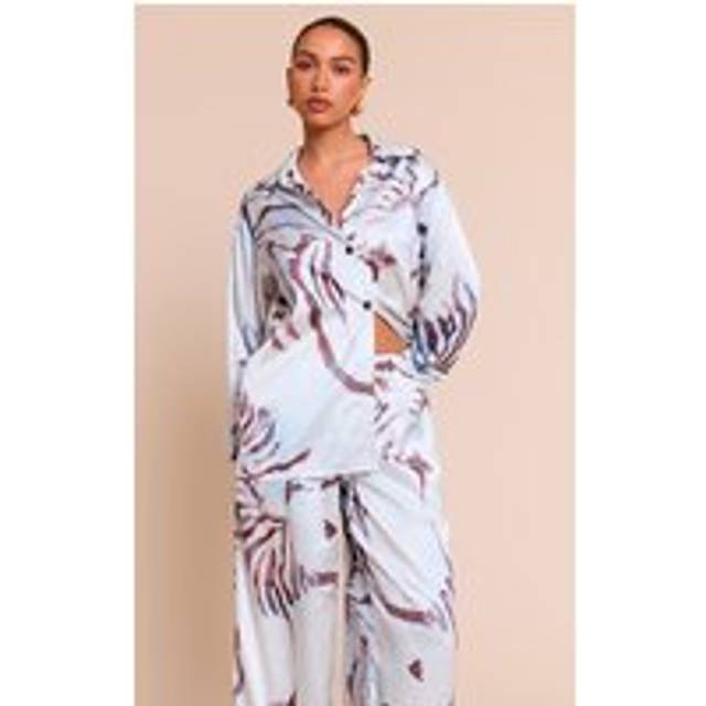 White Pirinted Oversized Satin Button Up Shirt, White - 8