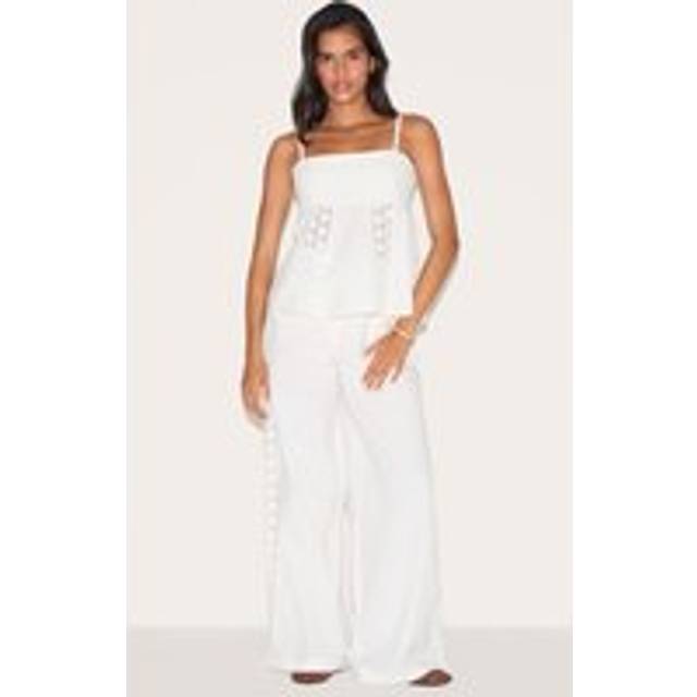 White Crochet Side Detail Trousers, White - 12