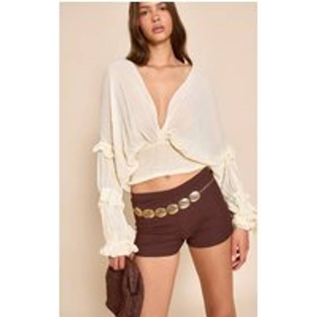 Cream Chiffon Ruffle Detail Plunge Blouse, White - 6