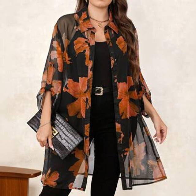 SHEIN Plus Size Floral Print Semi-Sheer Casual Long Sleeve Shirt