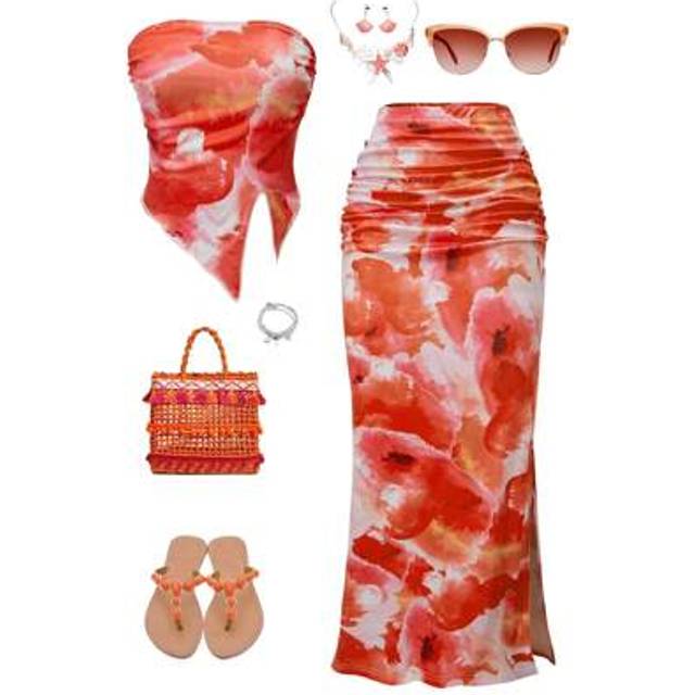 SHEIN 2pcs/Set Floral Print Irregular Hem Cropped Tank Top And Skirt Set, Casual Fashion Beachwear Suitable For Teenage Girls And Beach Parties