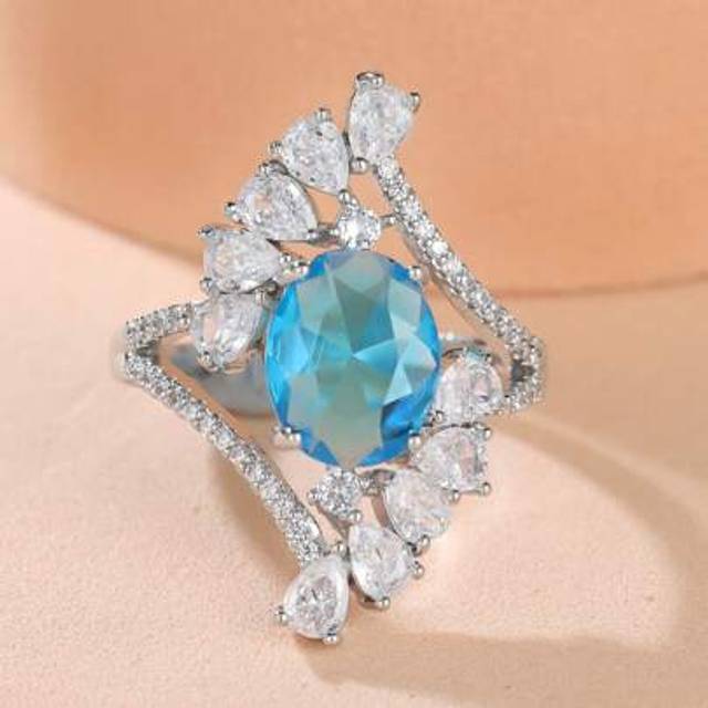 SHEIN 1pc Elegant Luxury Navy Blue Oval Fully Pave Cubic Zirconia Teardrop Engagement/Wedding/Anniversary/Birthday Ring For Women