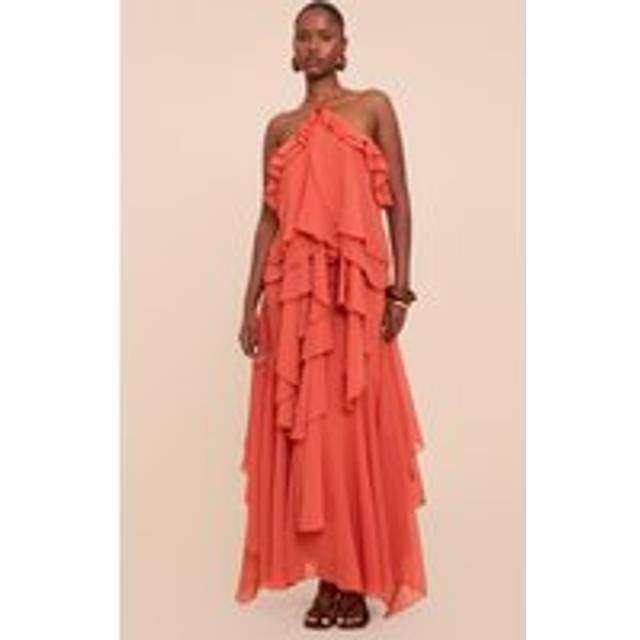 Orange Chiffon Frill Halterneck Floaty Maxi Dress, Orange - 4