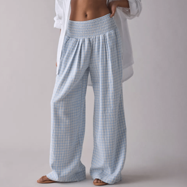SHEIN Women Summer Wide Leg Pants Cotton Linen Elastic Waist Plaid Gingham Palazzo Pants Casual Straight Leg Trousers Daily Streetwear