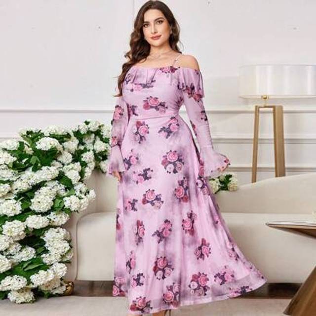 SHEIN Plus Size Women Ruffle Off Shoulder Flare Sleeve Bodycon Floral Print Elegant Romantic Vacation Maxi Dress