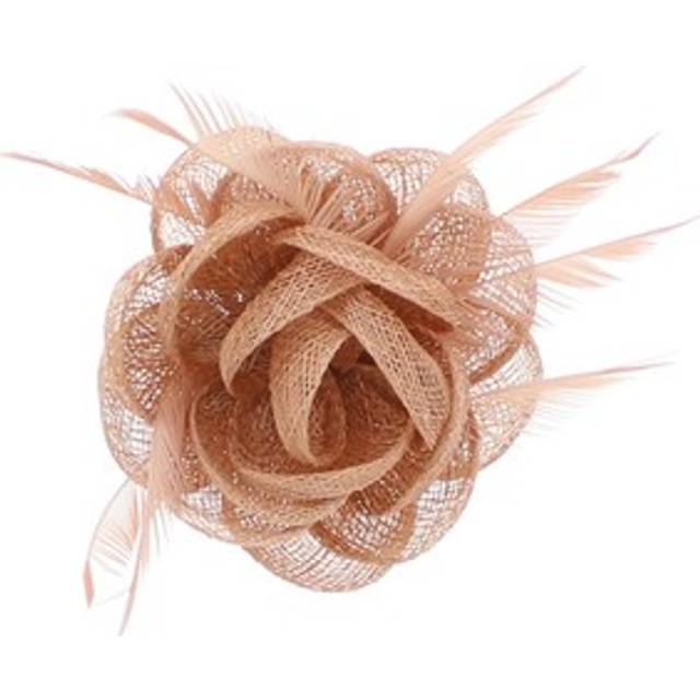 Nude pink rose net fascinator with feathers on clip & brooch pin