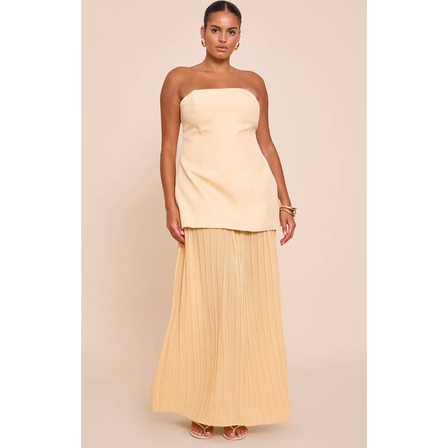 Plus Butter Yellow Chiffon Pleated Skirt Panel Bandeau Maxi Dress, Lemon - 26